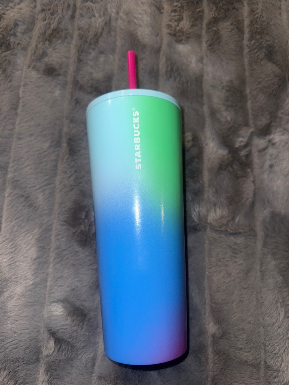 Starbucks Blue-Green Gradient Tumbler with Pink Straw 24oz